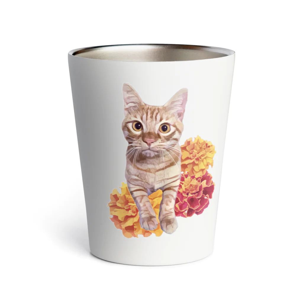 ねこやの茶トラ猫とマリーゴールド Thermo Tumbler