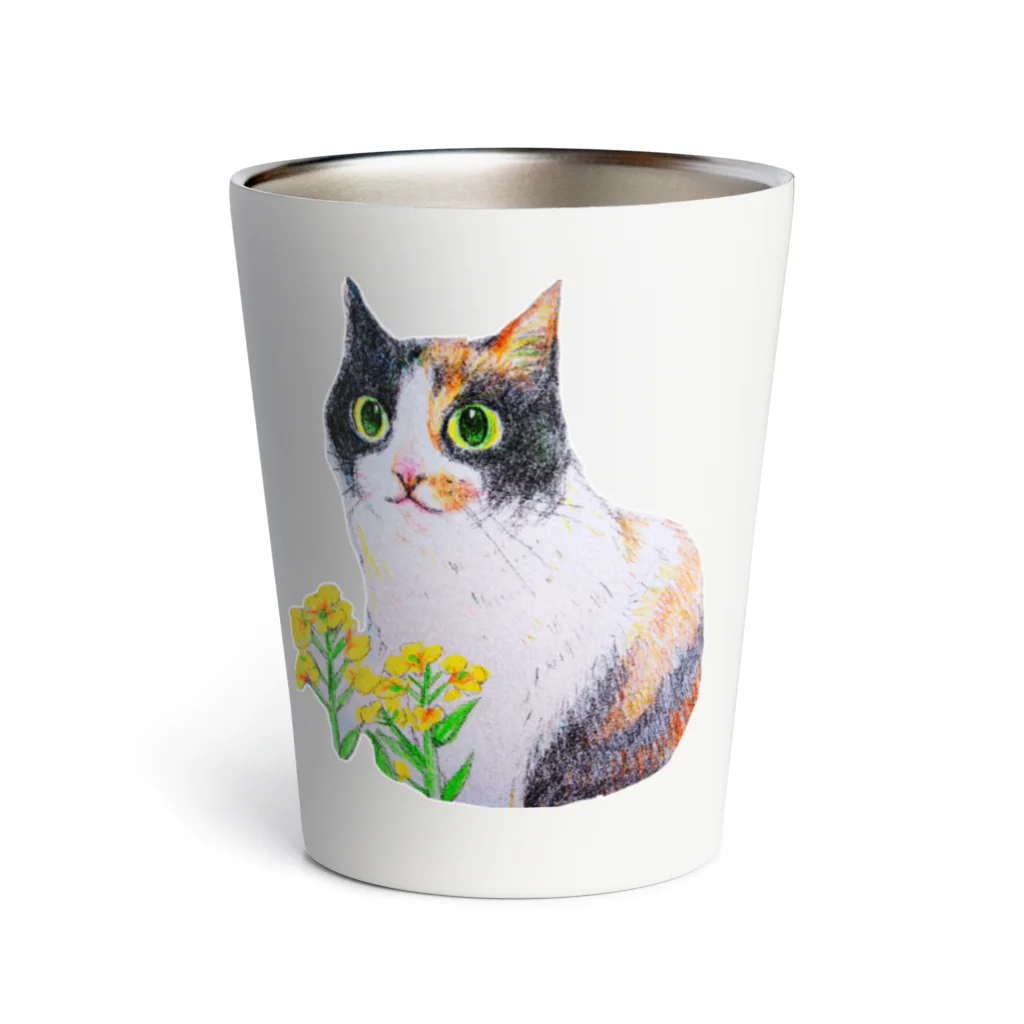 harupink🌸ペット似顔絵illustの三毛猫と菜の花 Thermo Tumbler