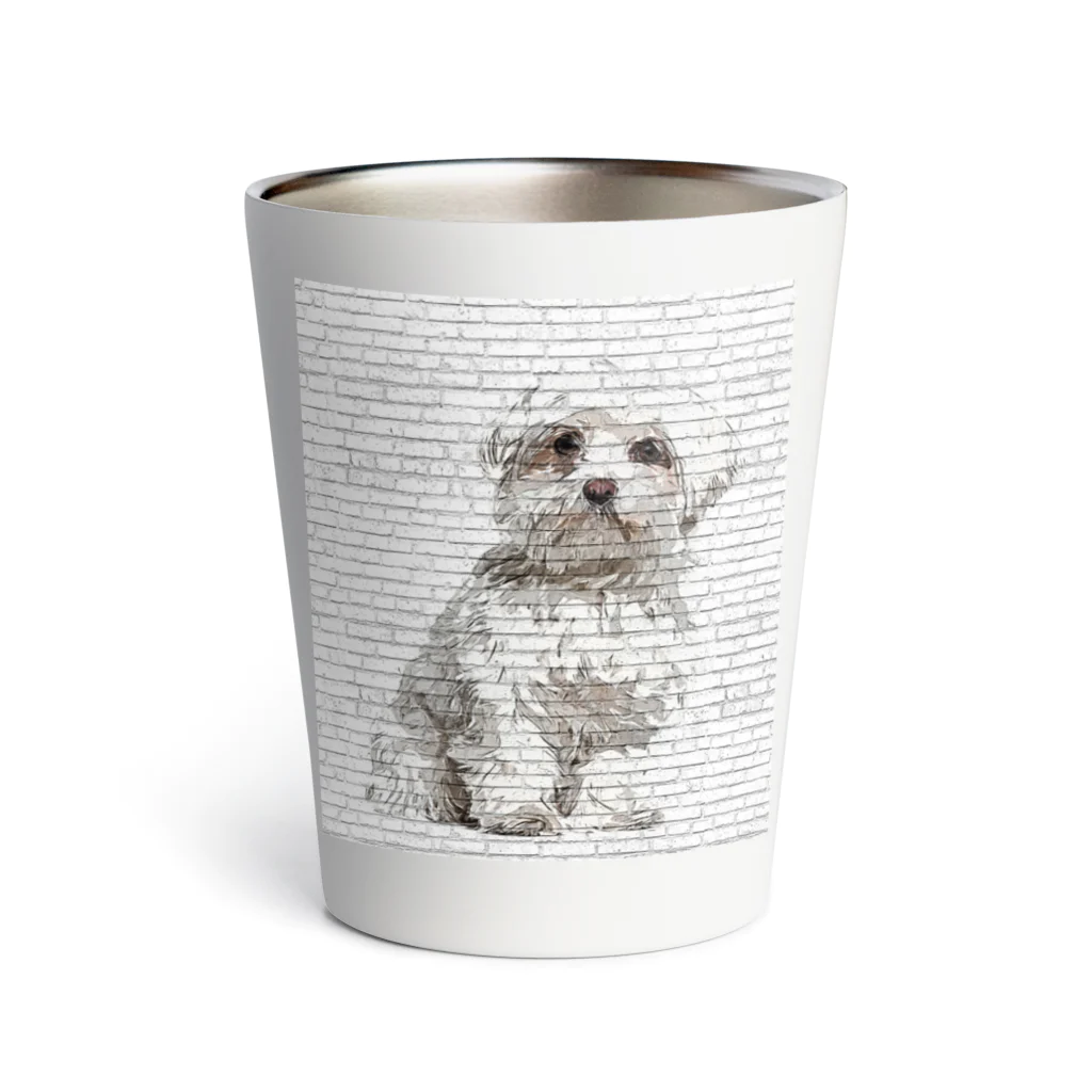 【CPPAS】Custom Pet Portrait Art Studioの マルチーズドッグ - レンガブロック背景 Thermo Tumbler