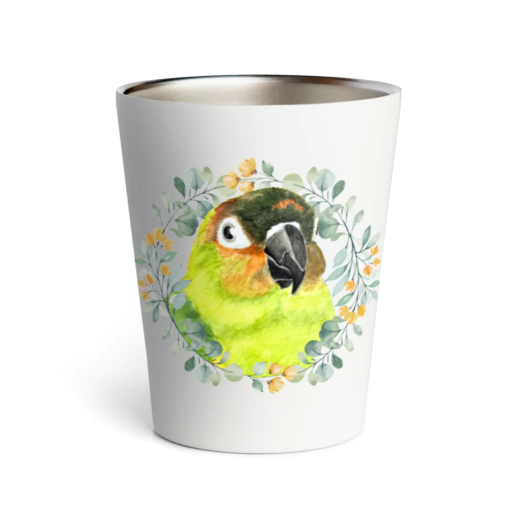 mariechan_koboの020 クロカミインコ(ハイブリッド)　オレンジ小花のリース Thermo Tumbler