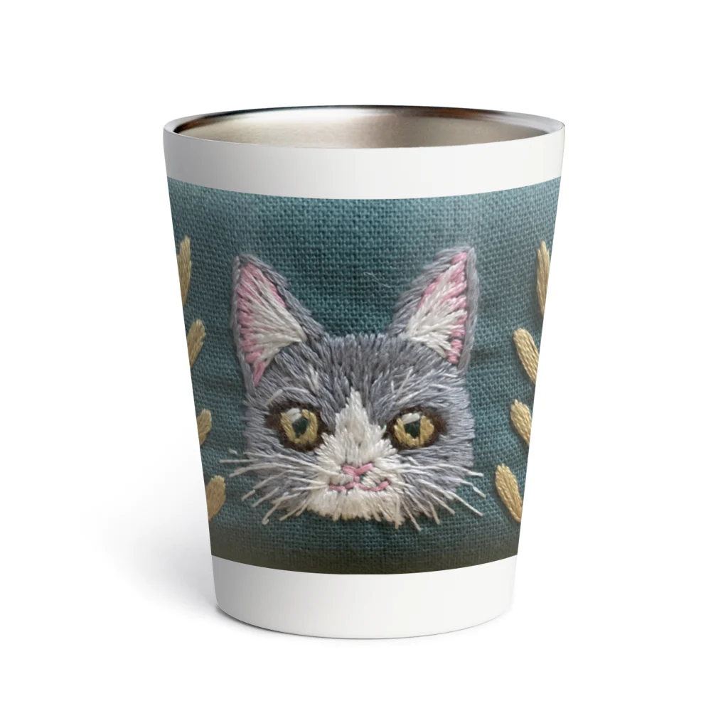 juichi_sewingの手刺繍ハチワレねこ Thermo Tumbler