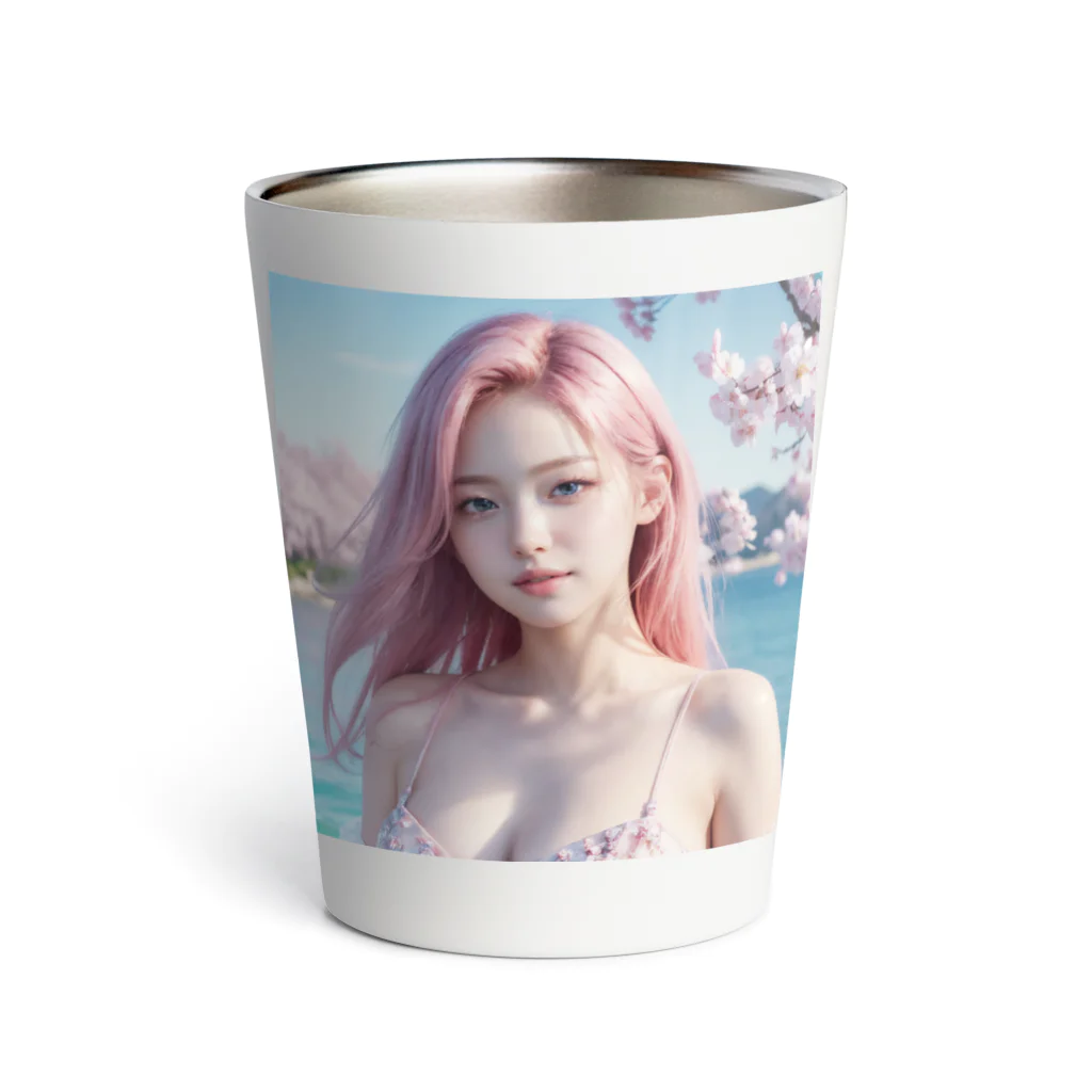 AI goddessの桜と川と青空と、ピンクの髪の女の子 Thermo Tumbler