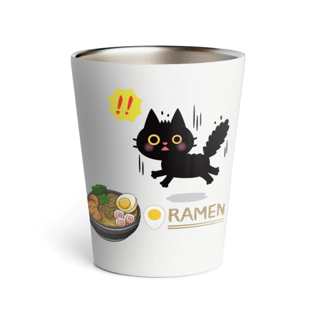 MirofuruDesignのラーメンが大好きな黒猫がラーメンを見つけて驚いている Thermo Tumbler