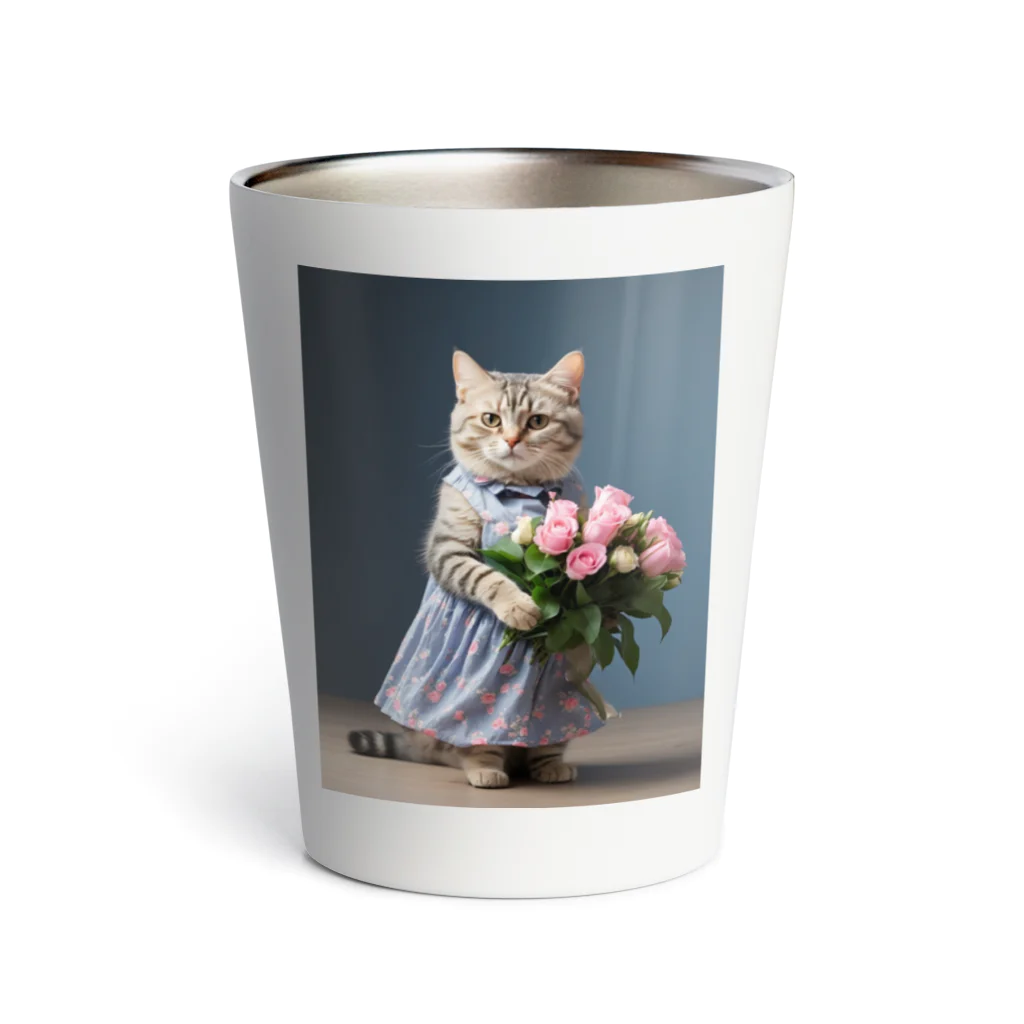 kuronyansuzuのお祝いの花束を持っているアメショーちゃん Thermo Tumbler