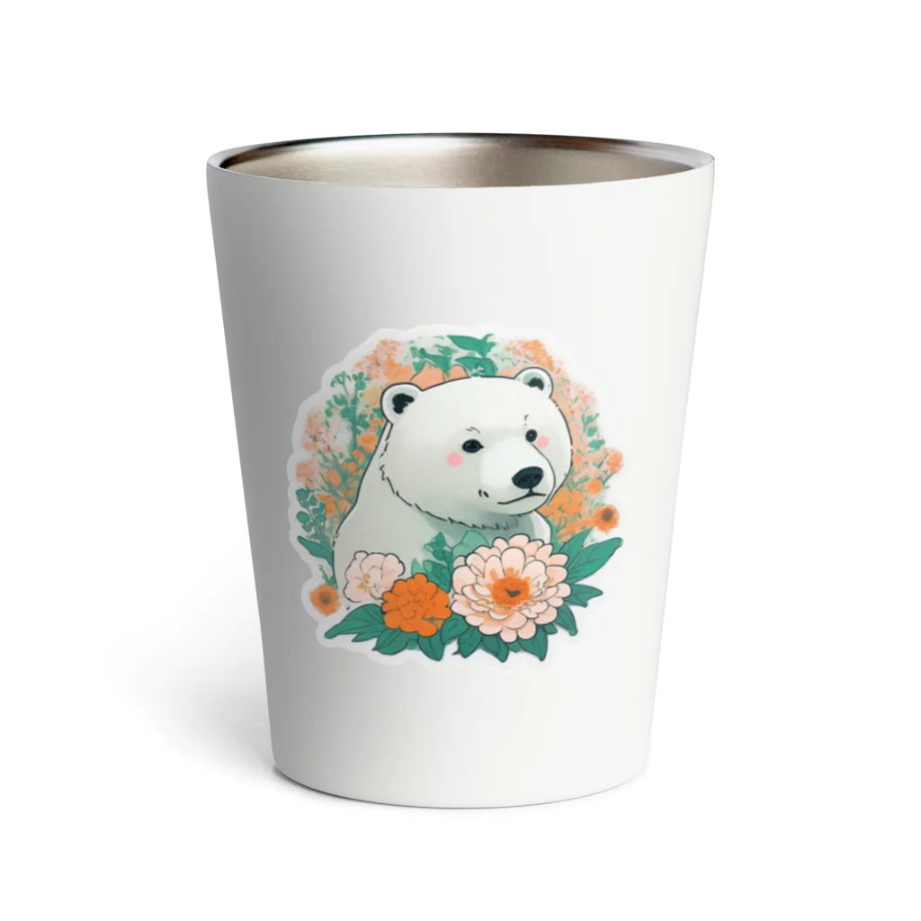 りんりんの可愛いシロクマちゃんショップ　かわいいよ！の花に囲まれている白くま Thermo Tumbler