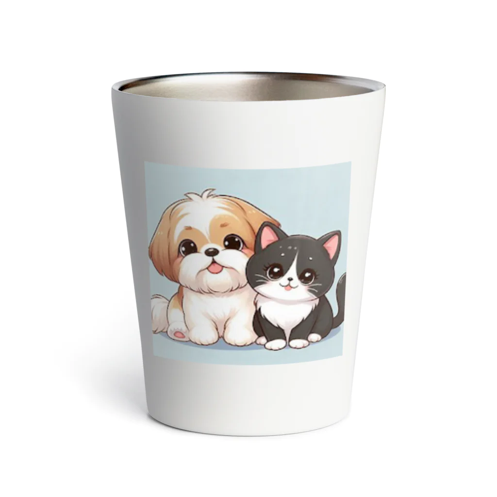 ワンコとにゃんちゃんズのシーズーと白黒にゃんこ Thermo Tumbler