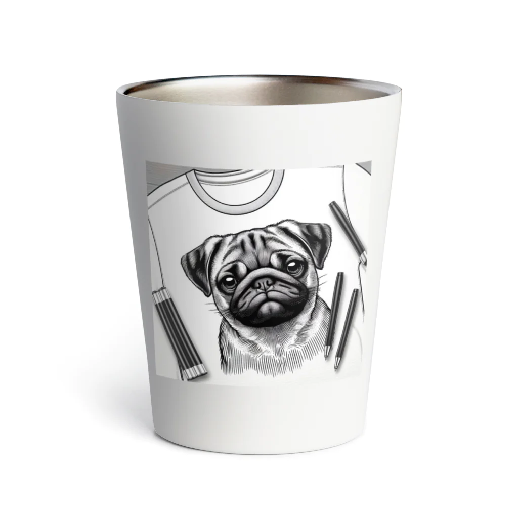 鼻ぺちゃ犬と和猫のパグの鉛筆画 Thermo Tumbler