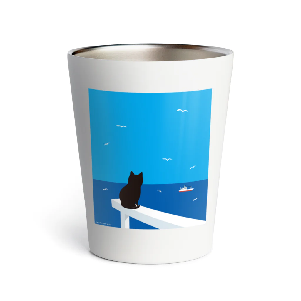 karo///illustrationのデザインにゃんこシリーズ　水平線とネコとカモメ Thermo Tumbler