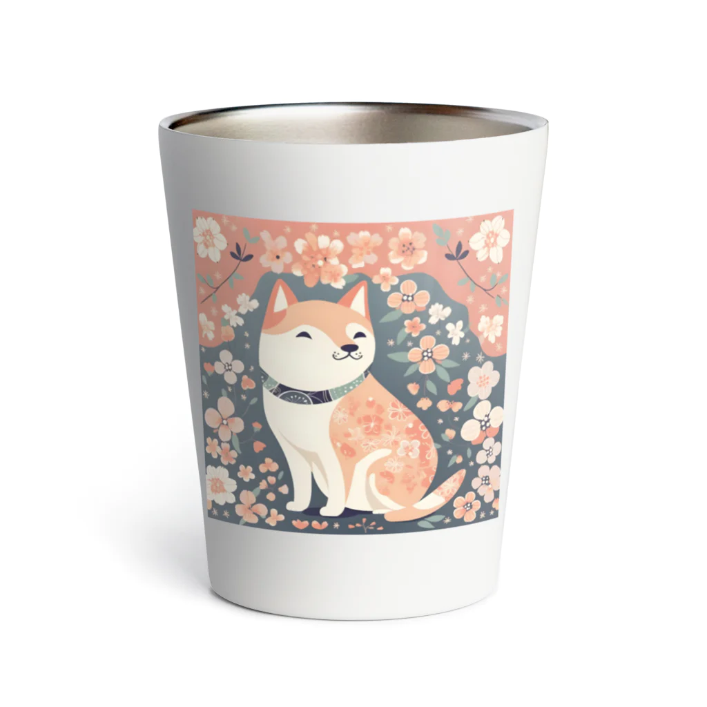 Grazing Wombatの日本画風、柴犬と桜-Japanese-style painting of a Shiba Inu with cherry blossoms Thermo Tumbler