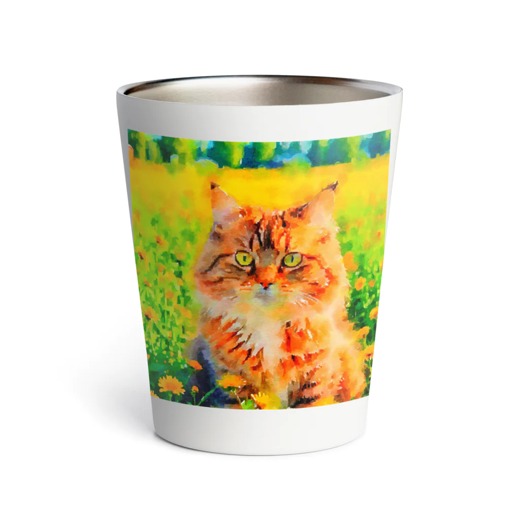 猫好きの谷の猫の水彩画/花畑のサイベリアンねこのイラスト/キジトラネコ Thermo Tumbler