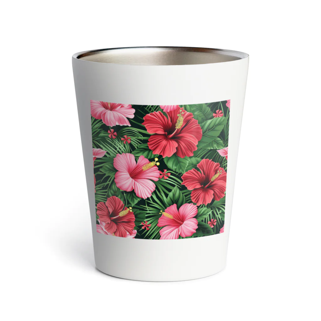 オンラインショップイエローリーフの赤色の花ハイビスカス Thermo Tumbler