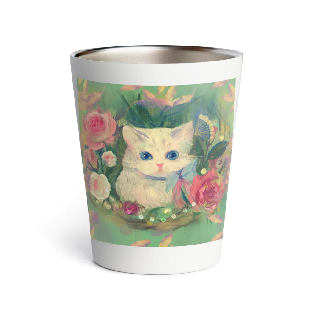 NORIMA'S SHOP のラグドール子猫と薔薇と枯葉のロマンチックなイラスト Thermo Tumbler