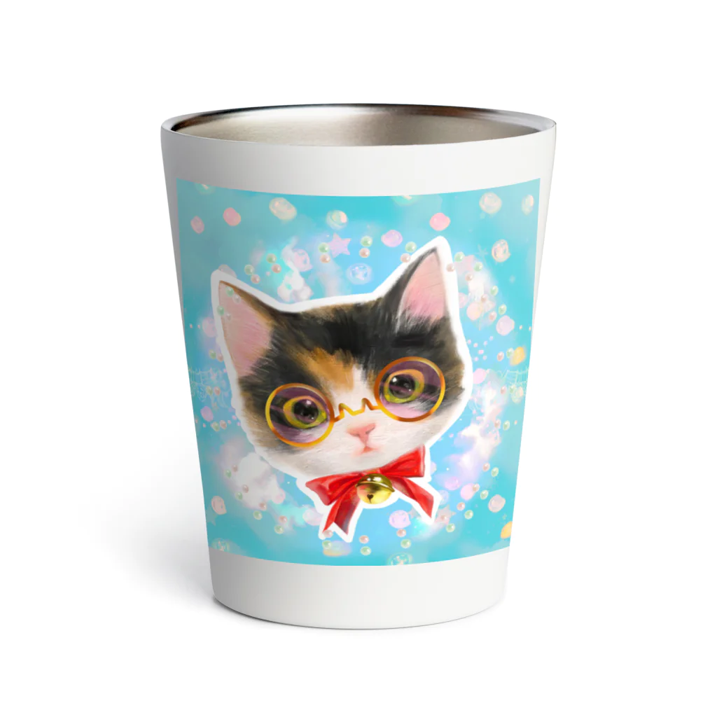 NORIMA'S SHOP のおしゃれなメガネをかけたミケ猫たちの夢かわいいイラスト Thermo Tumbler