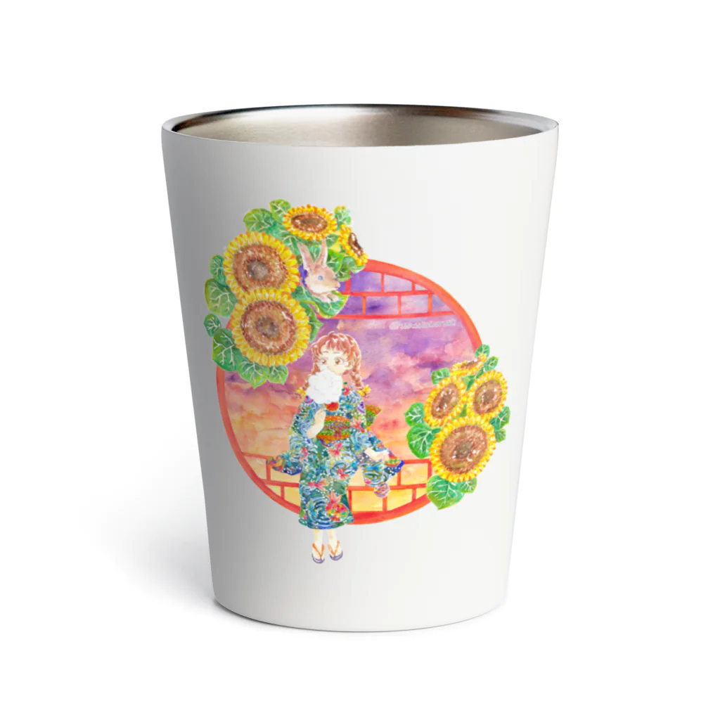 星架月の「窓際の夏」夕焼け・向日葵縁・浴衣の女の子 Thermo Tumbler