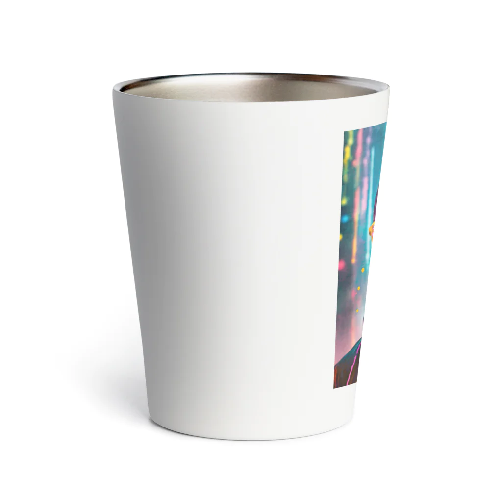 Colorful Canvasのネオンをバックにしているクールな青年 Thermo Tumbler