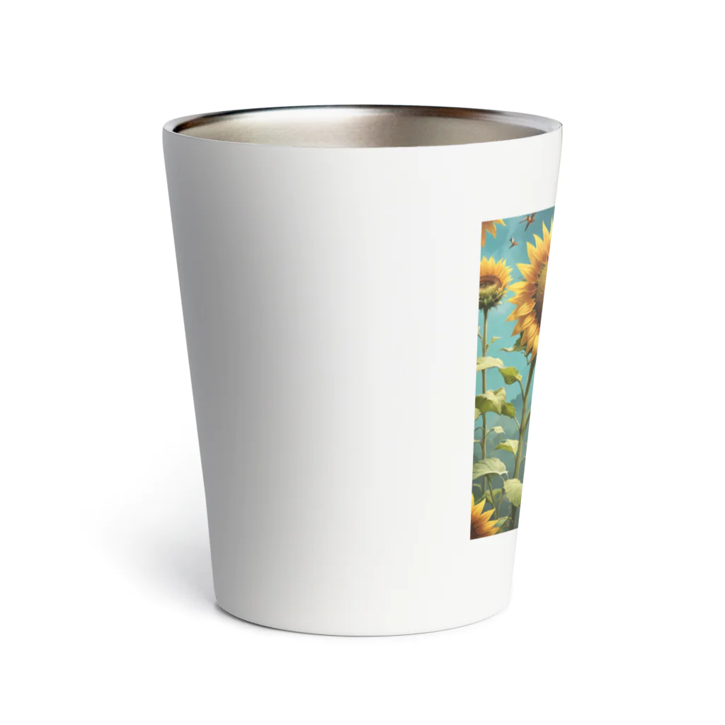 Sunbathingのヒマワリと羽ばたくカワセミ Thermo Tumbler