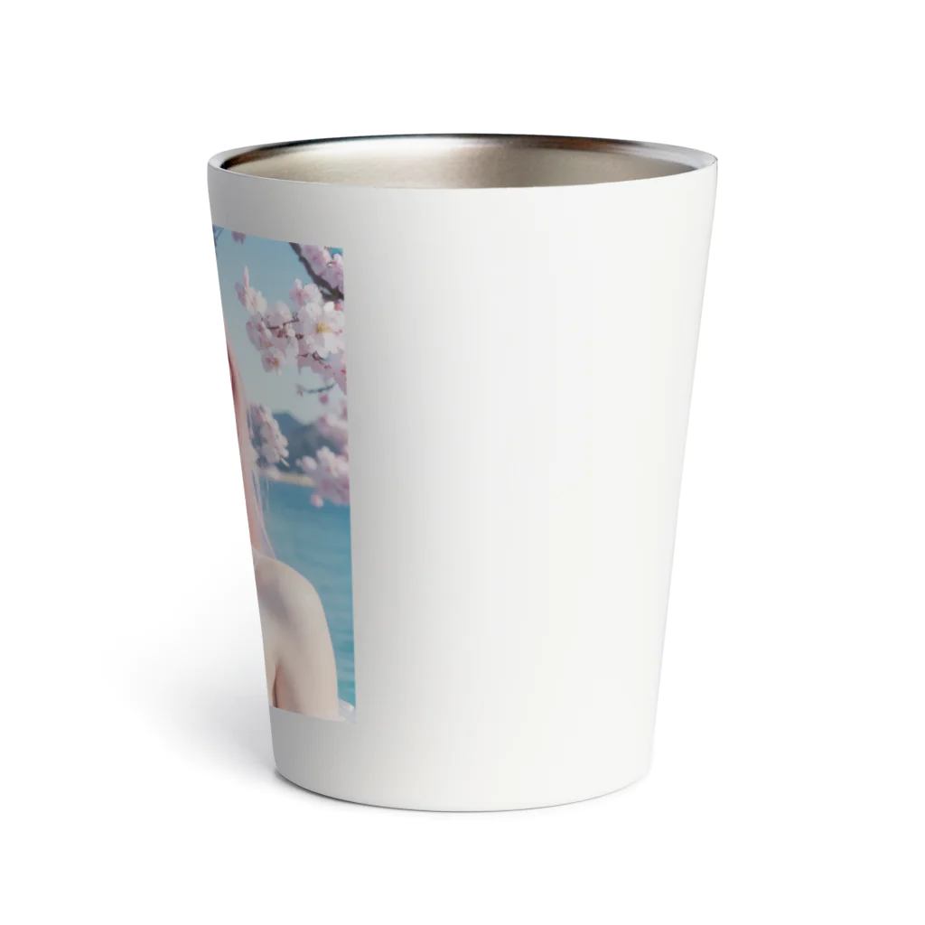 AI goddessの桜と川と青空と、ピンクの髪の女の子 Thermo Tumbler