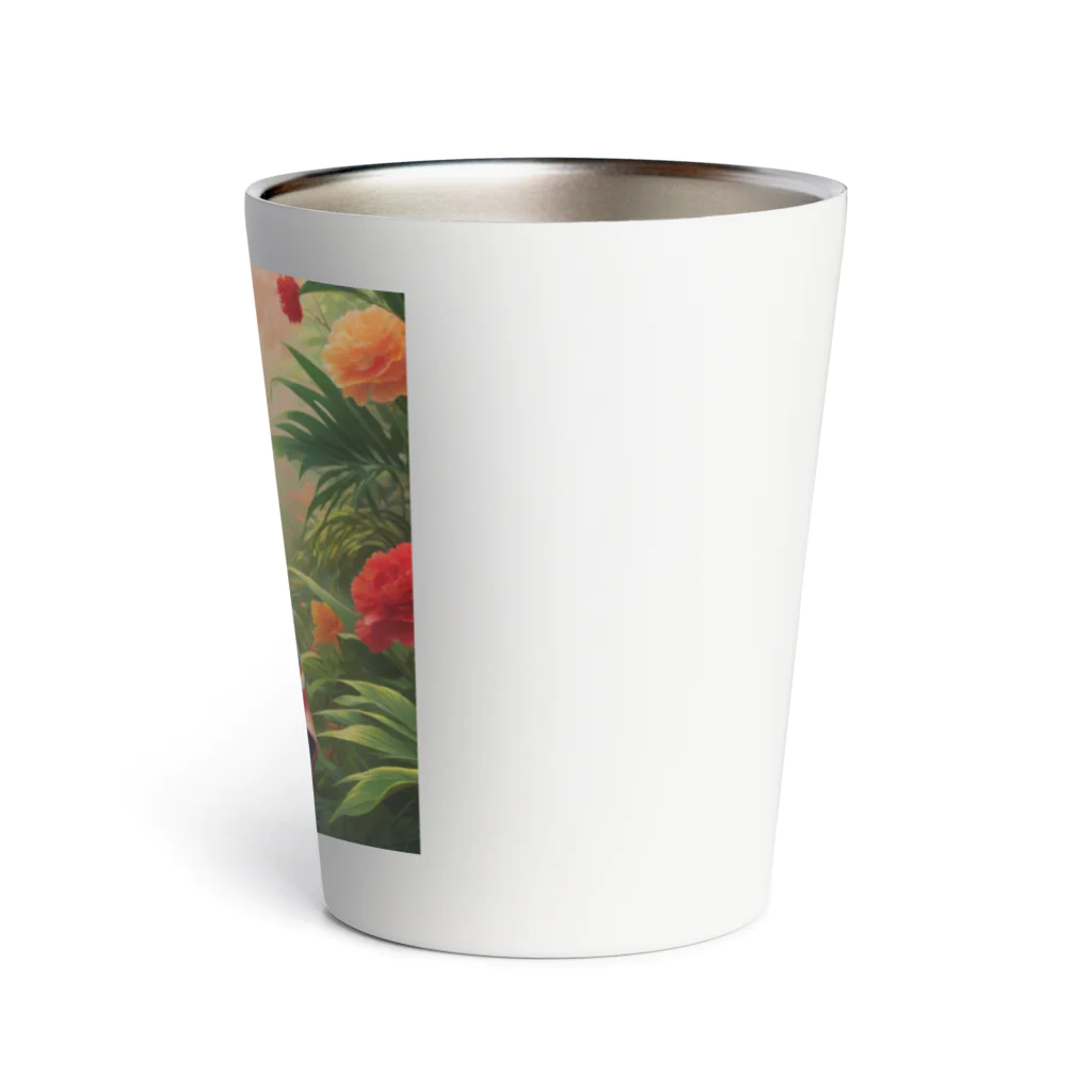 ポンキチはうすの花に囲まれた着物姿の柴犬 Thermo Tumbler