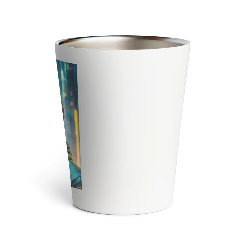 Colorful Canvasのネオンをバックにしているクールな青年 Thermo Tumbler