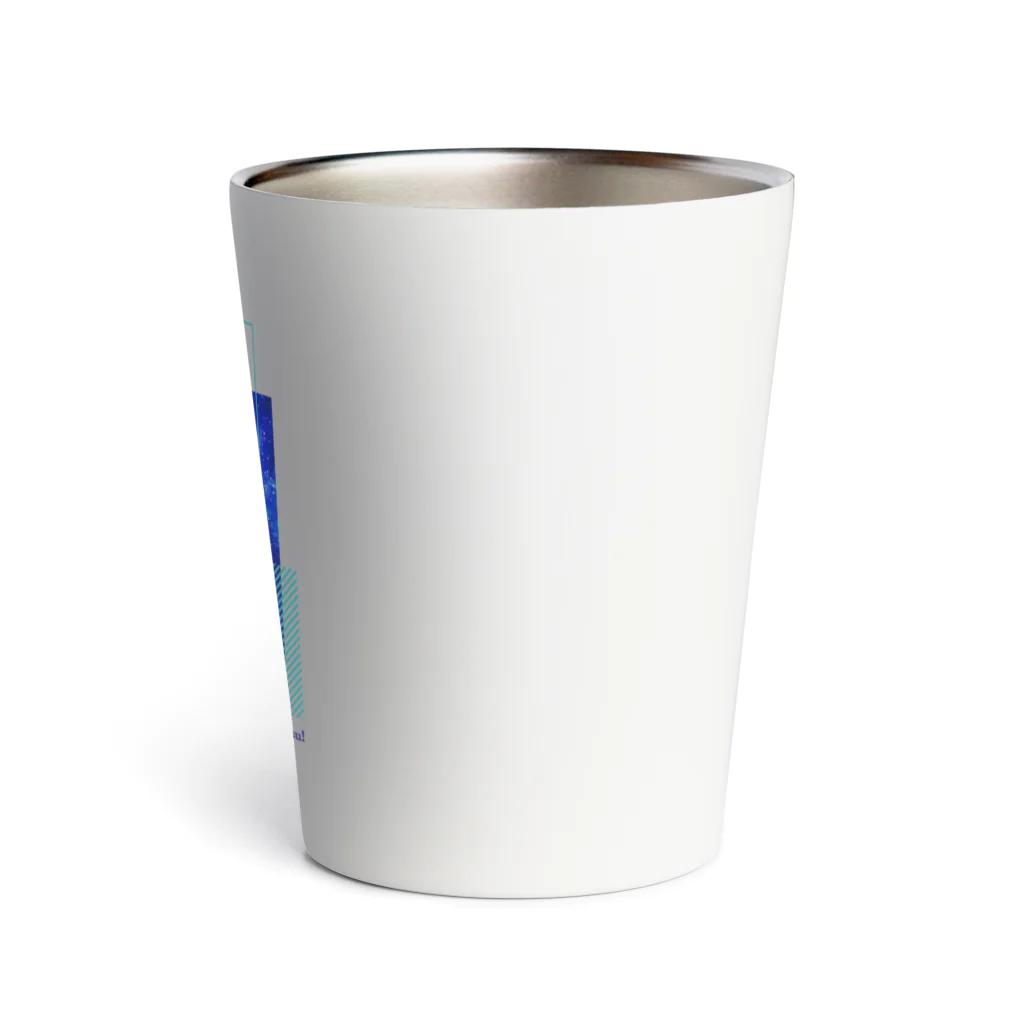 むーむー小屋のちびちゃんです！　セリフ付き青背景 Thermo Tumbler