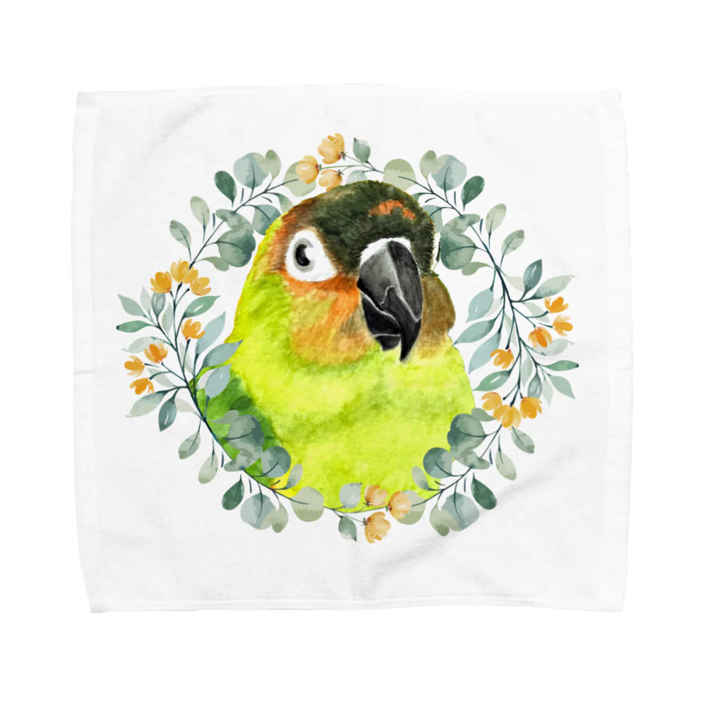 mariechan_koboの020 クロカミインコ(ハイブリッド)　オレンジ小花のリース Towel Handkerchief
