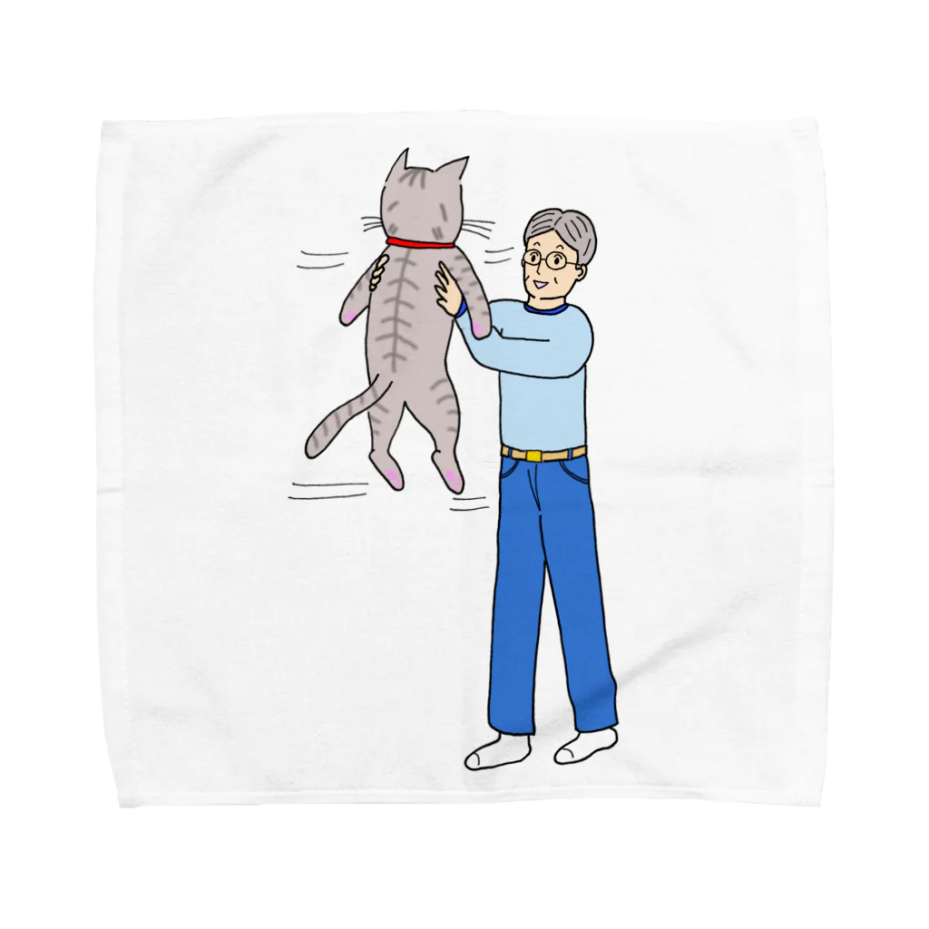 いちずでざいんの猫を抱っこして喜ぶおじさん Towel Handkerchief