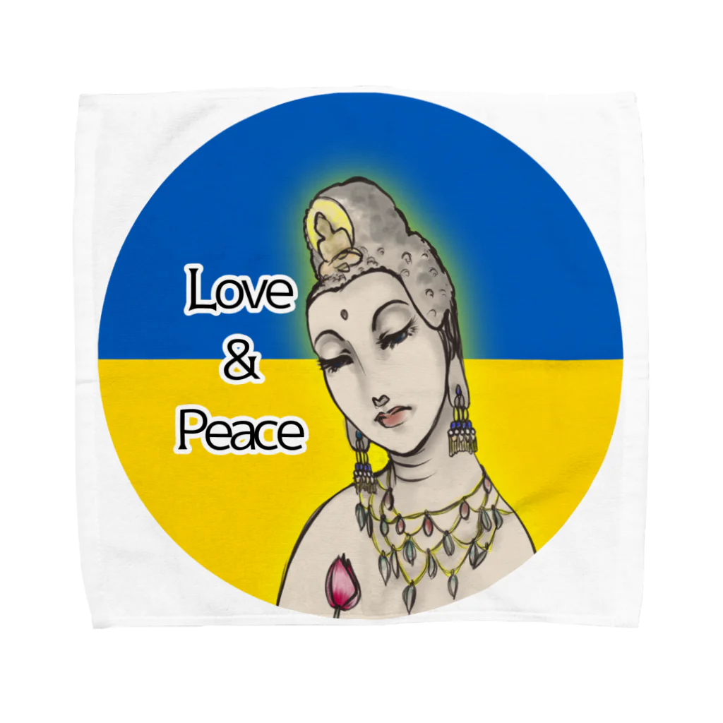 諭苑のSUZURI店のLove＆Peace観世音菩薩ウクライナ国旗背景 タオルハンカチ