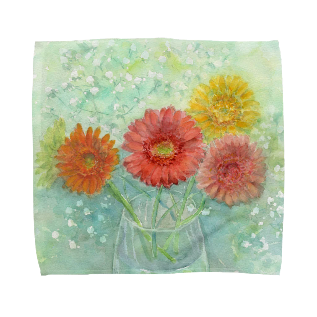 あかり花鳥風月のガーベラとかすみ草2：透明水彩でお花の絵 タオルハンカチ