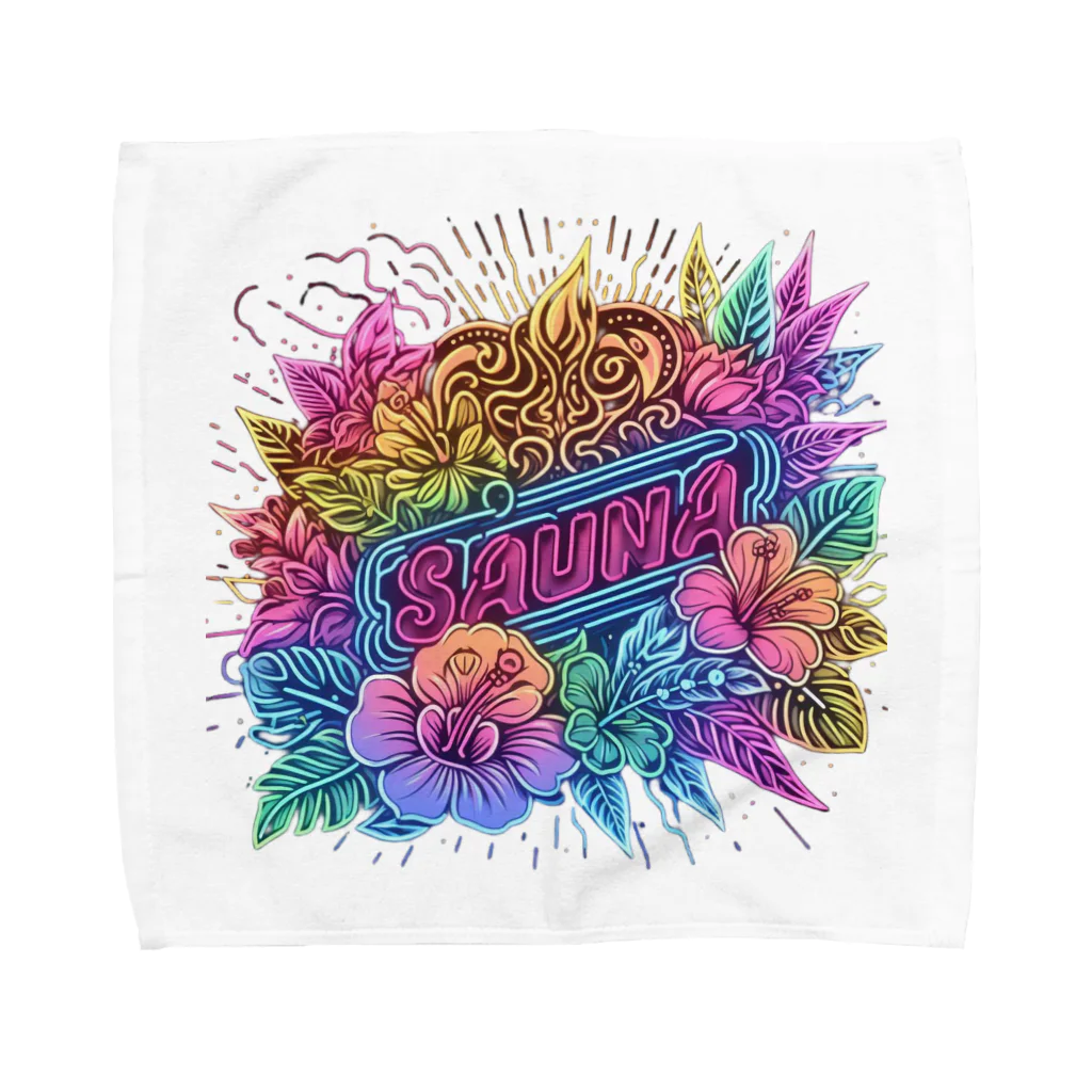 N SAUNA LOGOのネオン風花柄サウナロゴ12　花柄ver.5 タオルハンカチ