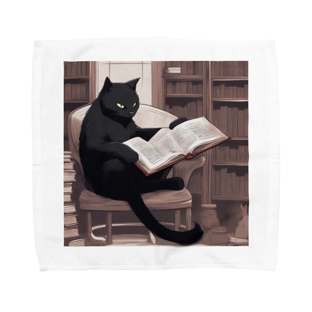 mugcupの本を読む黒猫 タオルハンカチ