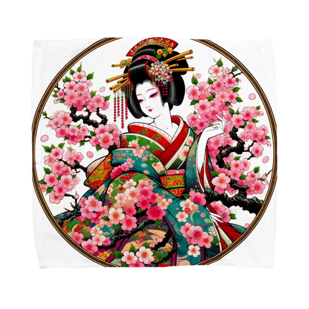 manyou-lab_Ukiyo-eの浮世絵 花魁と桜 Ukiyoe Oiran and Cherry Blossoms [UOS-DL-SR001-0004] Towel Handkerchief