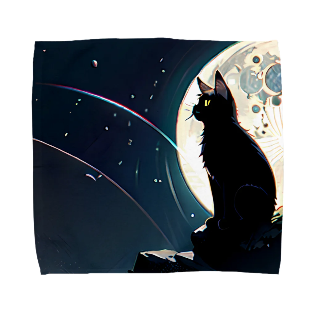 黒猫と珈琲の月夜を眺める黒猫 タオルハンカチ