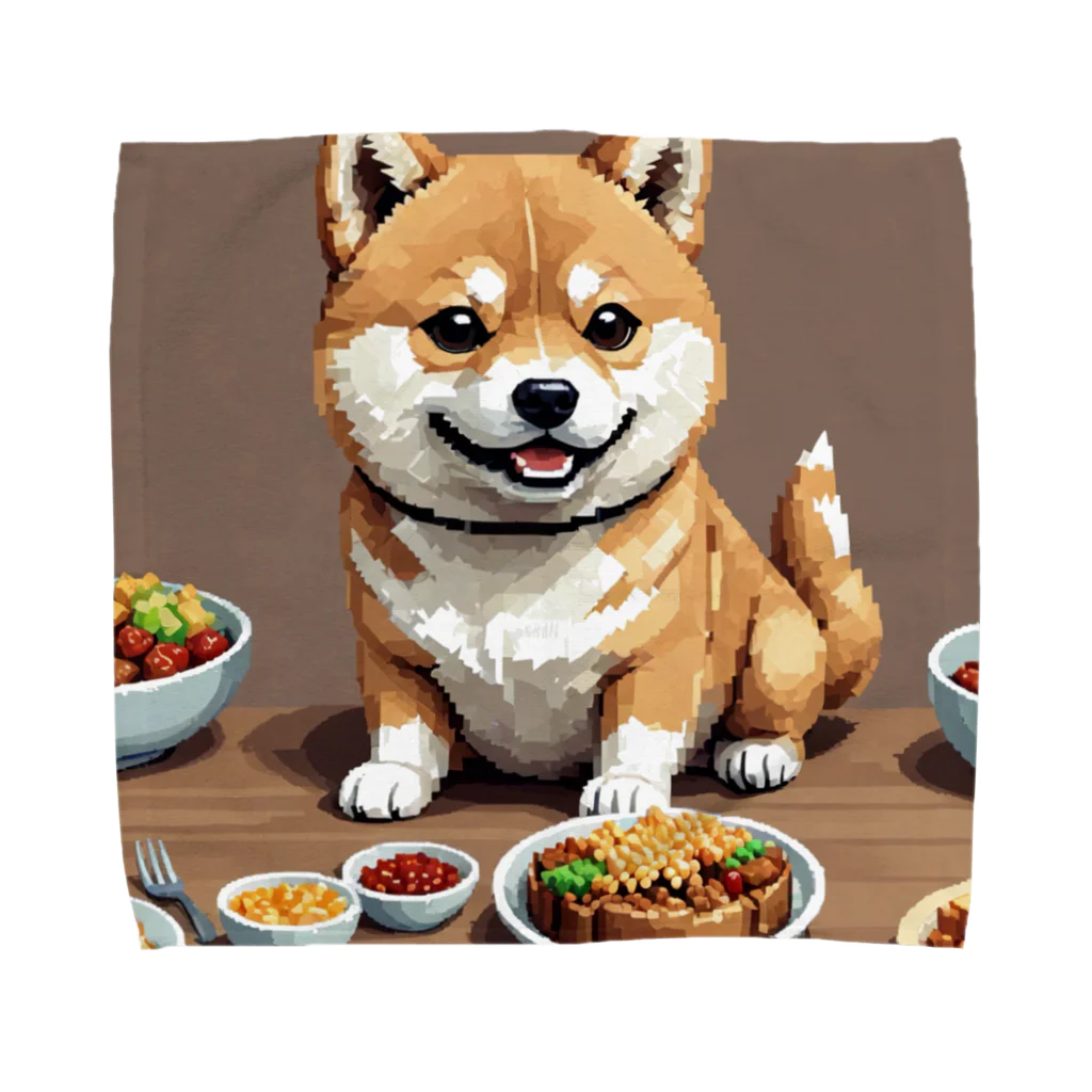 マニーのわんちゃんグッズのドット絵 柴犬ちゃん（わんちゃん）ご飯待ってるver タオルハンカチ