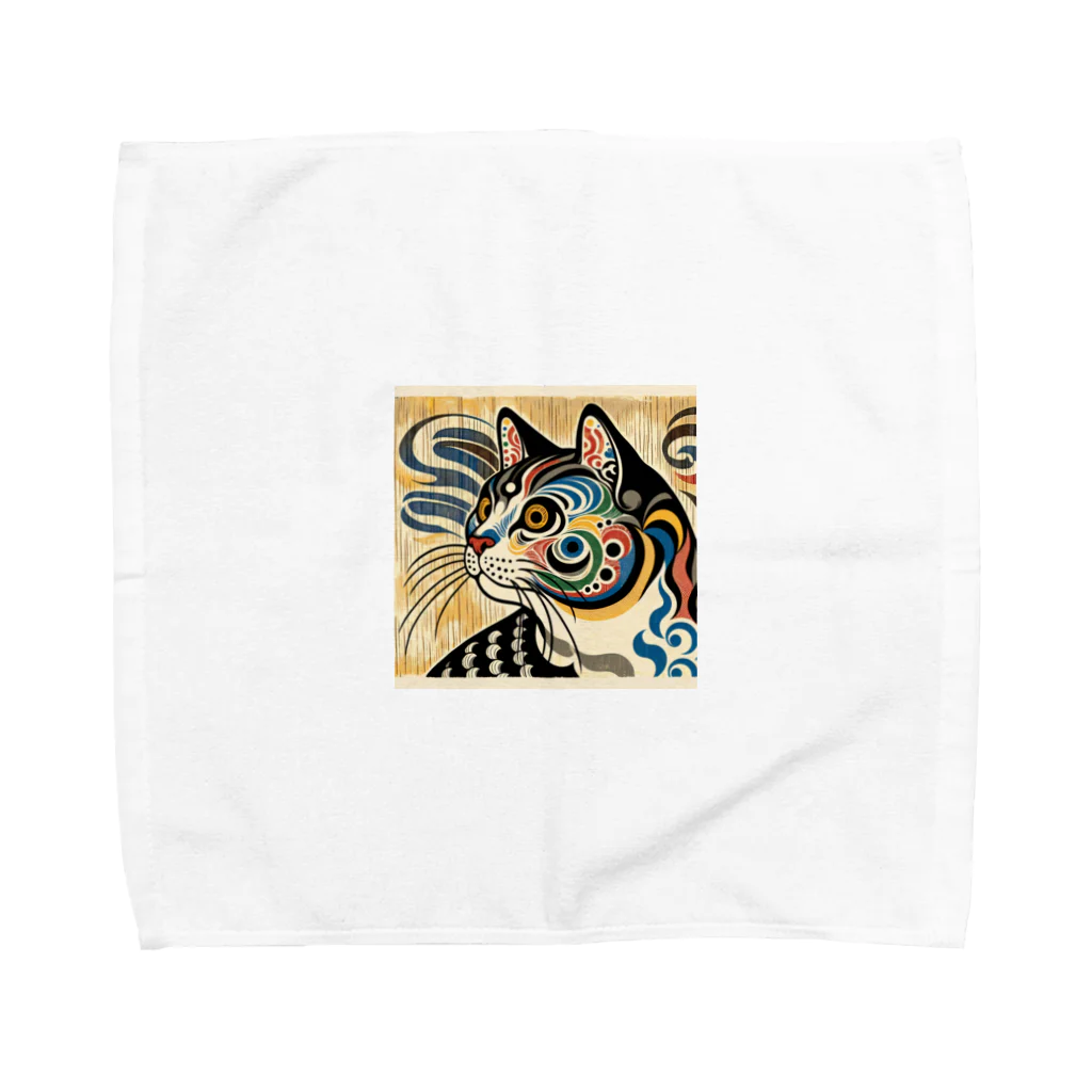 chaochao0701の浮世絵風　猫（顔）"Ukiyo-e Style Cat (Face)"  "浮世绘风格的猫（脸）" タオルハンカチ