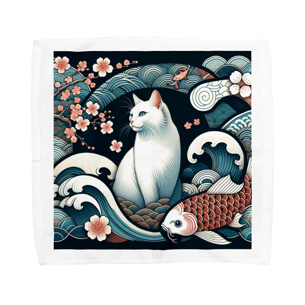 EMAKIの和紋様 x 猫　鯉と桜と波 Towel Handkerchief