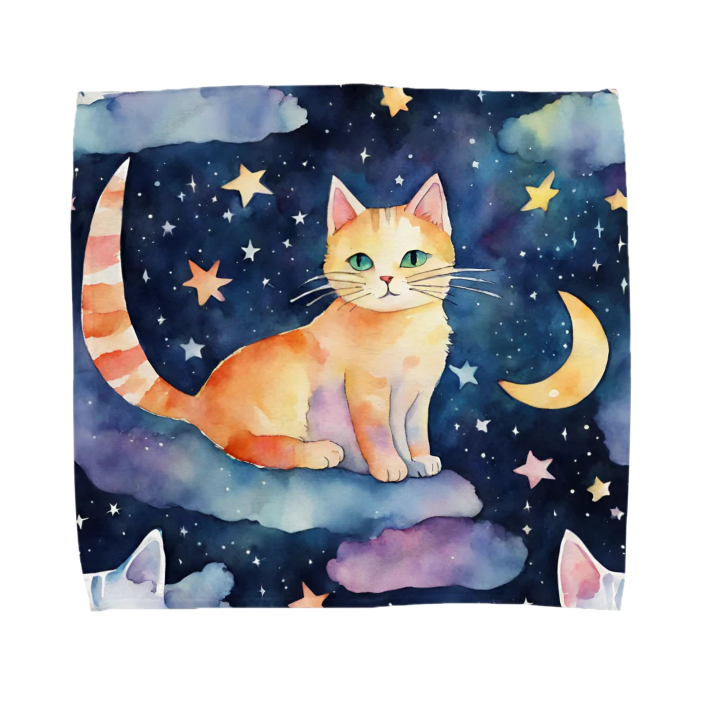 星降る夜にの月と猫 タオルハンカチ