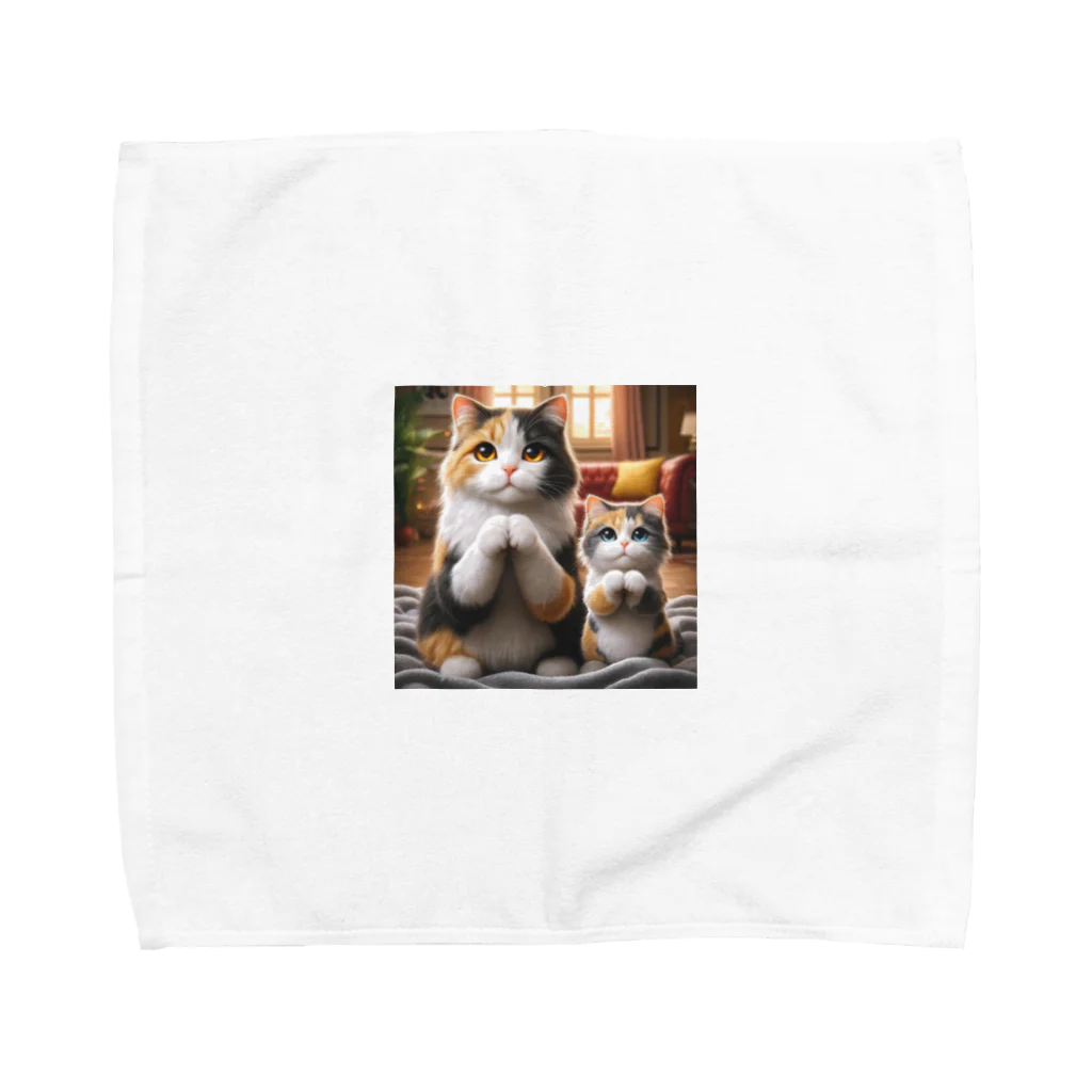 亀蘭タマムシの三毛猫親子のお願い Towel Handkerchief