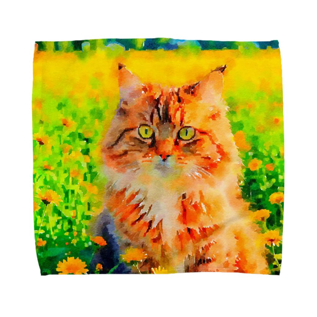 猫好きの谷の猫の水彩画/花畑のサイベリアンねこのイラスト/キジトラネコ Towel Handkerchief