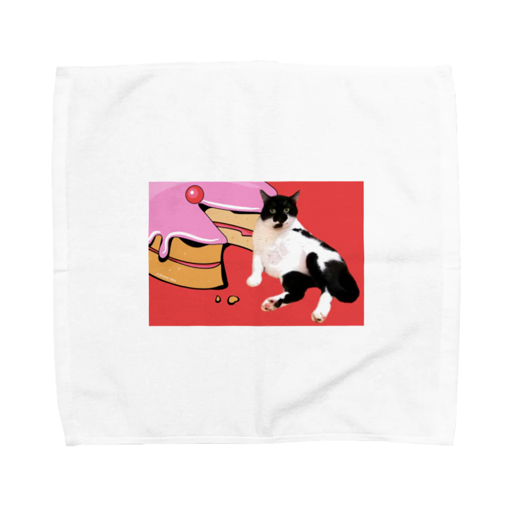 保護猫活動中すみパンさんへの支援ッズ！のNo.16 ケーキに寄りかかるバットにゃん Towel Handkerchief