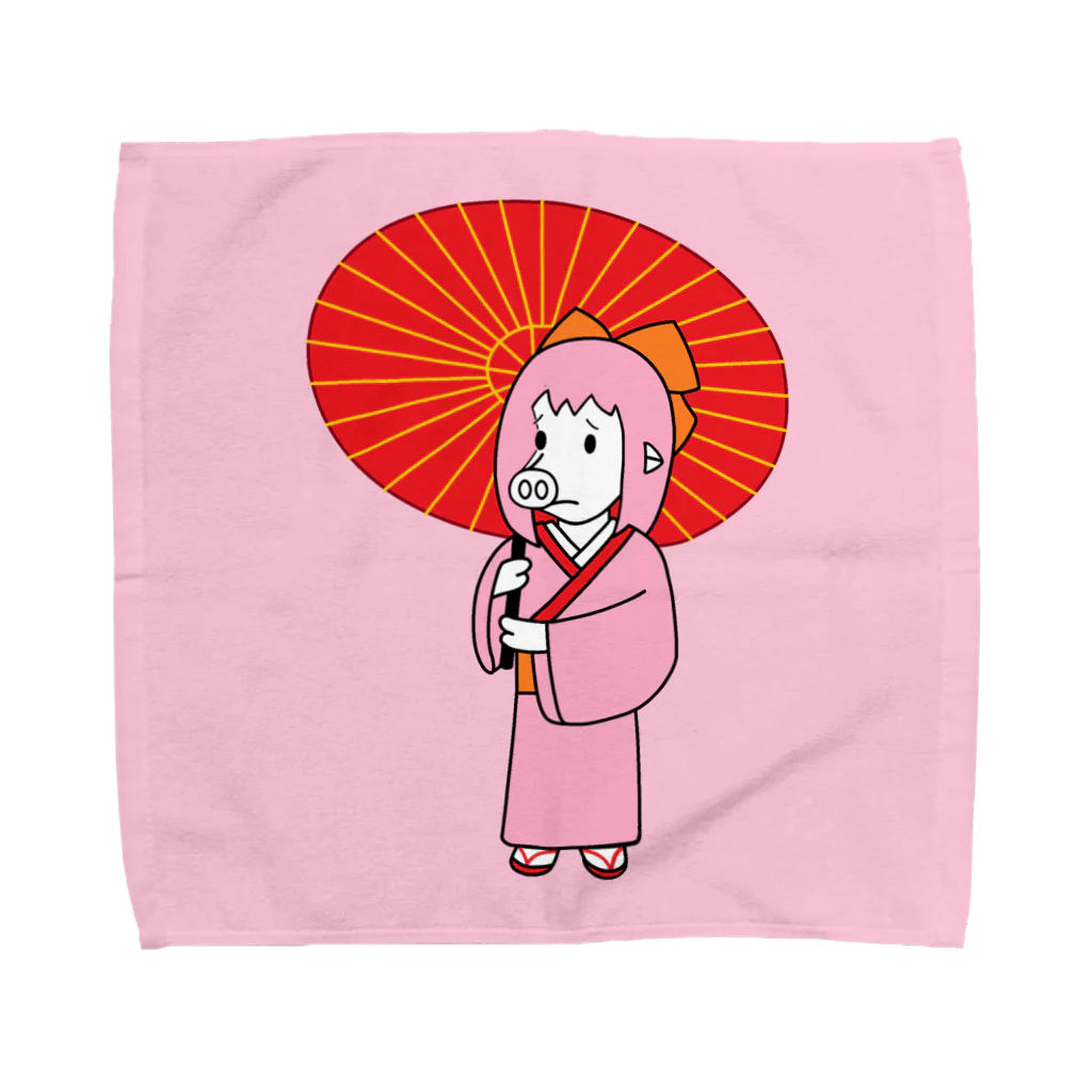 豚人イラストのパンダ武島のお豚（とん）さん、和傘をさす。（ハンカチ版） Towel Handkerchief