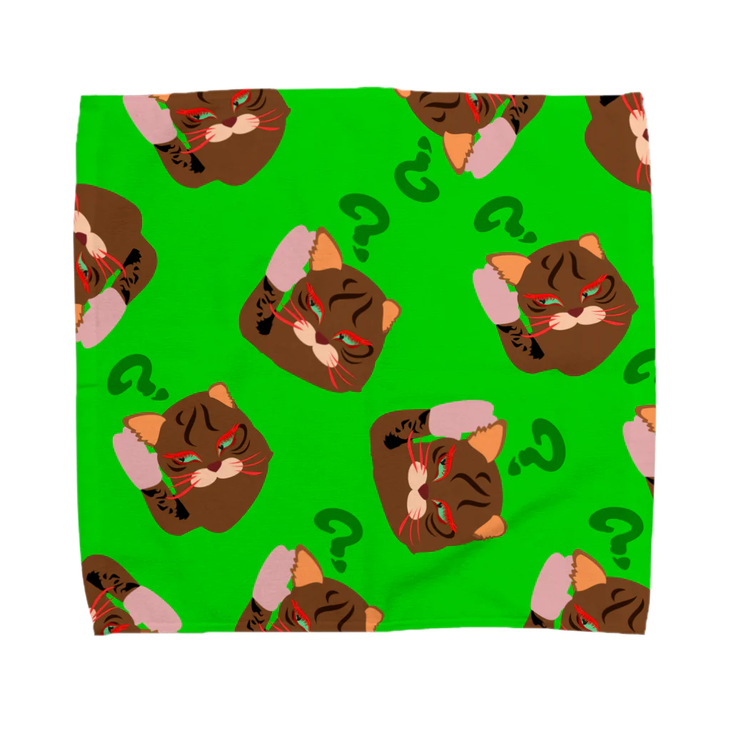 sasabeerのテレコ猫　タオルハンカチ　緑 Towel Handkerchief