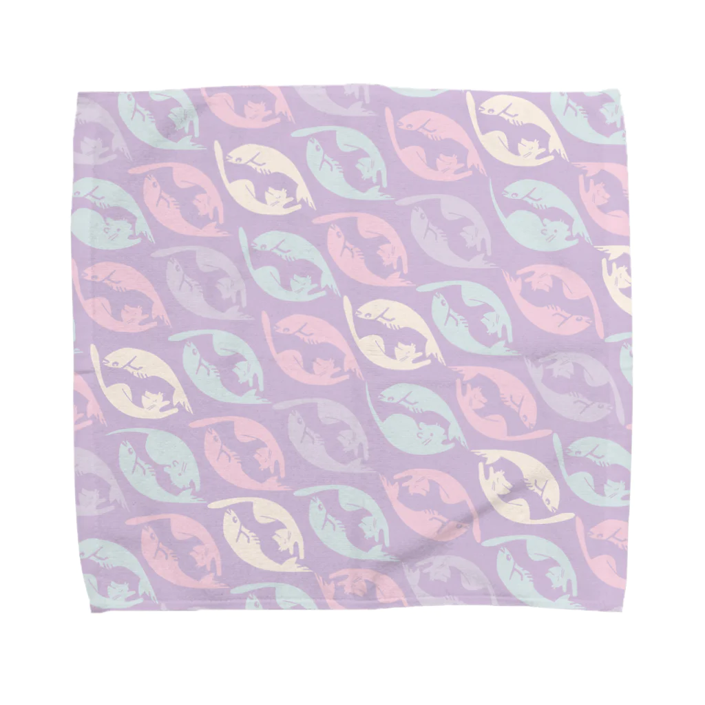 紋様屋の猫魚鼠紋【紫】 タオルハンカチ