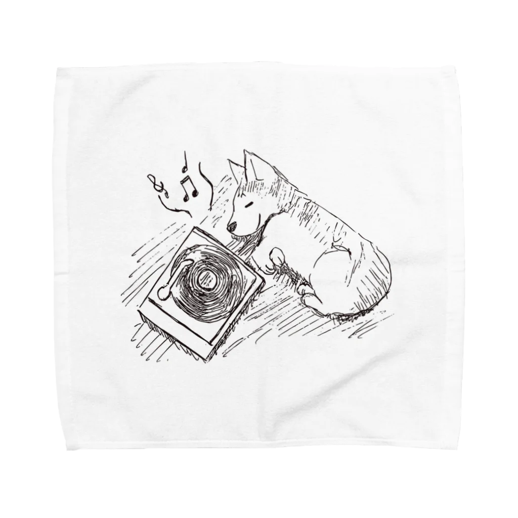 ムシコ・アニマルズ Musico Animalsのコーギーとレコード Towel Handkerchief