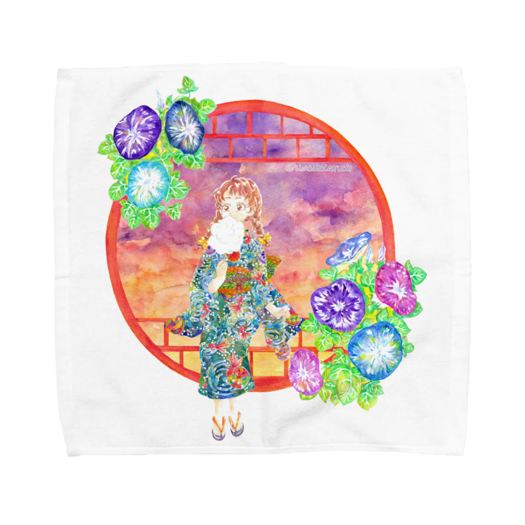 星架月の「窓際の夏」夕焼け・朝顔朝顔縁・浴衣の女の子 Towel Handkerchief