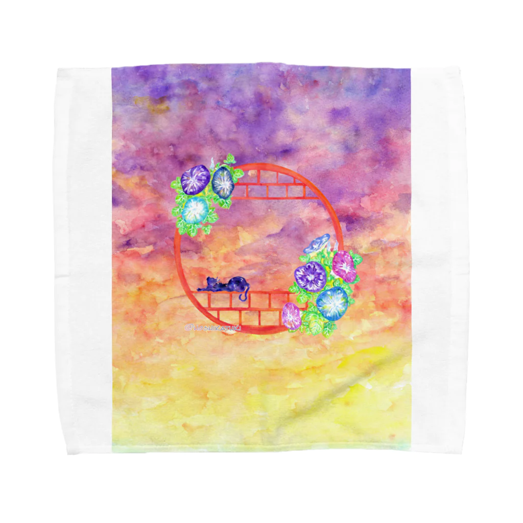 星架月の「窓際の夏」夕焼け・朝顔縁・ネコ Towel Handkerchief