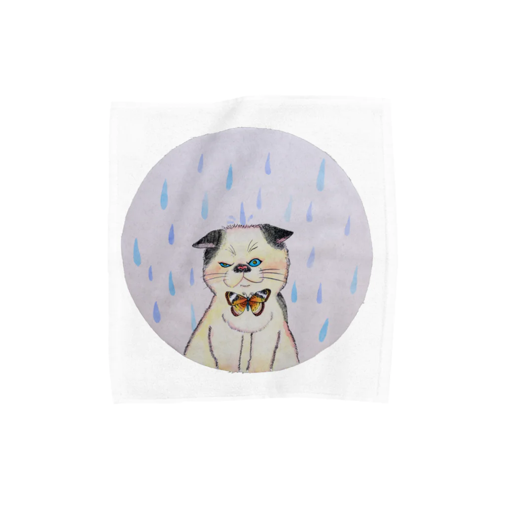 ぱらいそ洋品店の雨と猫タオルハンカチ Towel Handkerchief