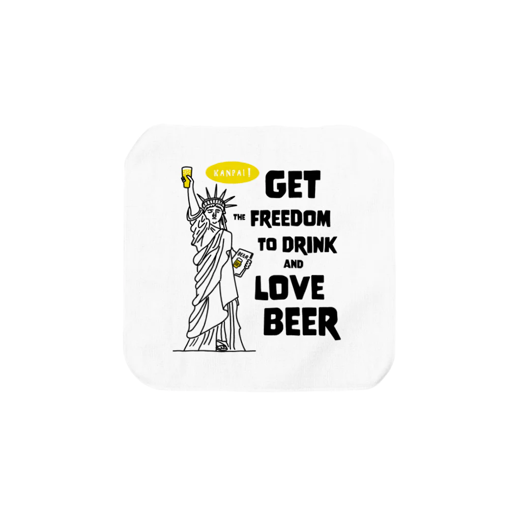 ビールとアート TM-3 Designの彫刻 × BEER（自由の女神・ビールを飲み愛する自由をその手に）黒線画 タオルハンカチ