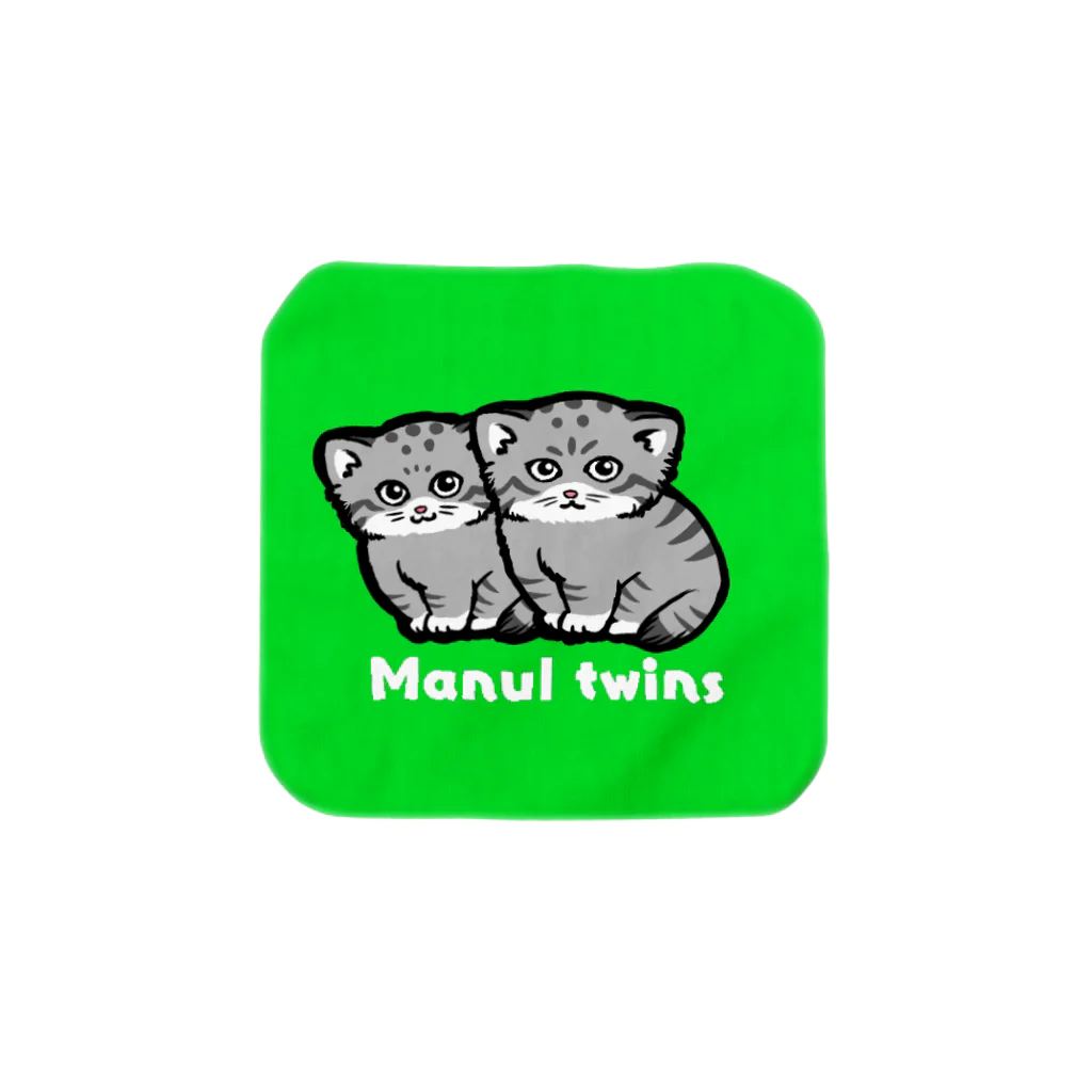 もんもんの双子のマヌルネコ（緑） タオルハンカチ