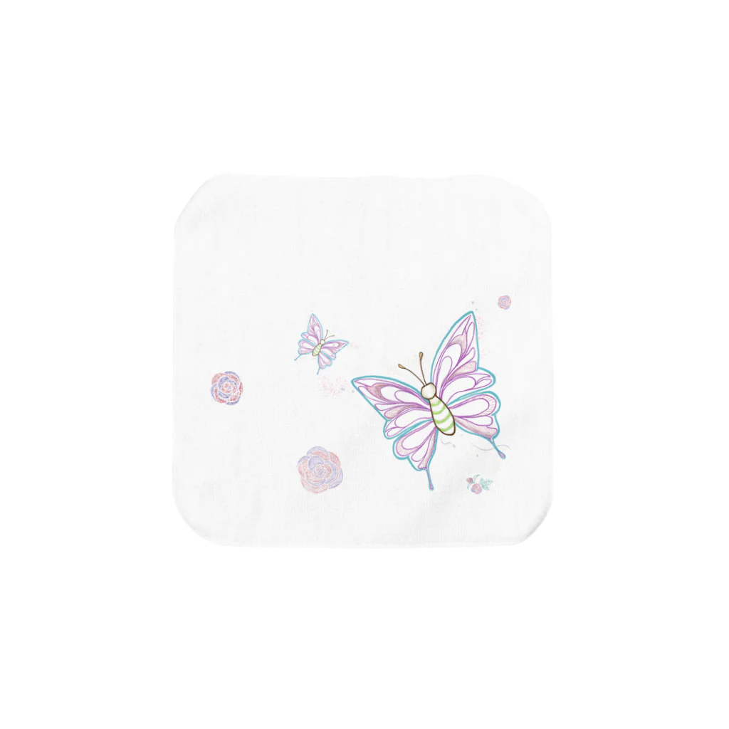 ひなたぼっこの蝶とバラ タオルハンカチ