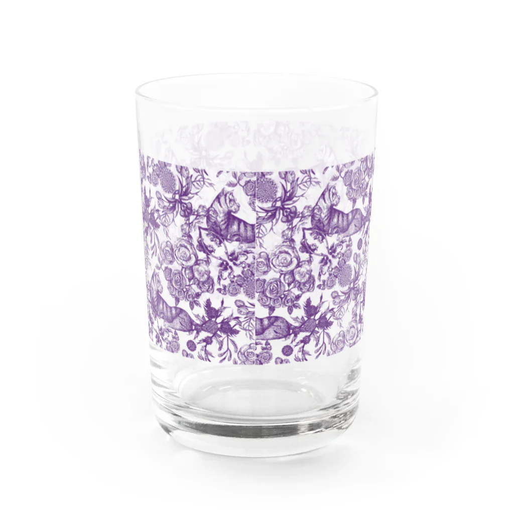花と寅オンラインショップSUZURI支店の【flor púrpura】総柄グラス グラス反対面